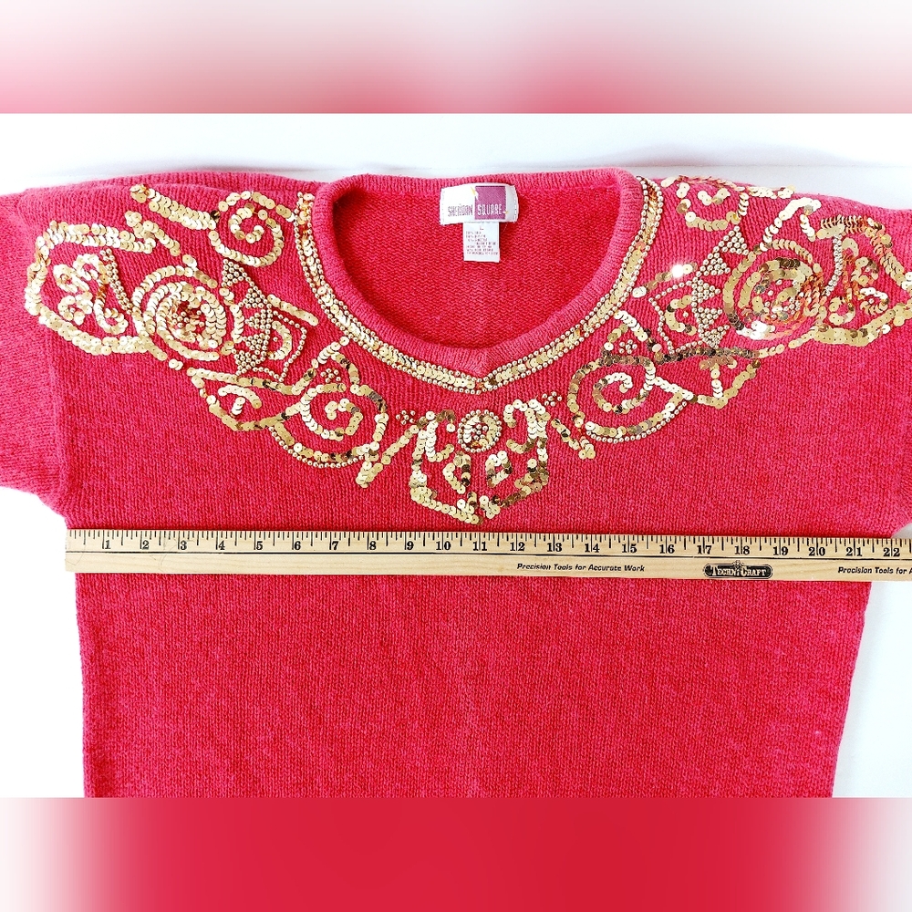 Vintage Sequin & Beaded Light Red Silk & Angora‎ Sweater Large Sheridan Square - Picture 6 of 7